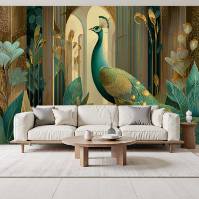 Chinoiserie Papier peint adhésif art déco paon Art déco, motif géométrique émeraude, H 69 po x l 96 po, papier peint amovible en PVC, adhésif mural pour chambre à coucher, bureau à domicile
