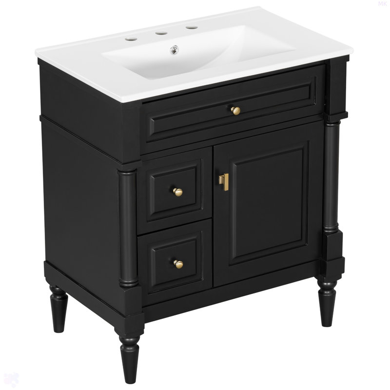 Meuble-lavabo de 30 po avec lavabo, armoire de salle de bain autoportante noire avec tiroir rabattable et tablette réglable, structure en bois d'hévéa massif, panneaux de fibres à densité moyenne et poignées en métal