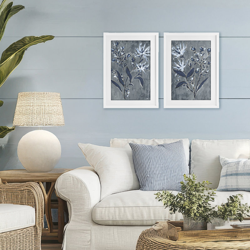 Ensemble de 2 reproductions encadrées sous-verre à motif de brindilles bleu marine, design par June Erica Vess