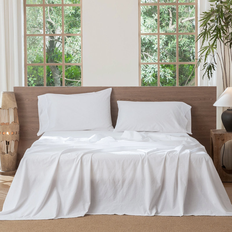 Ensemble de draps MooMee, Ensemble de draps pour grand lit avec 2 taies d'or, Blanc brillant