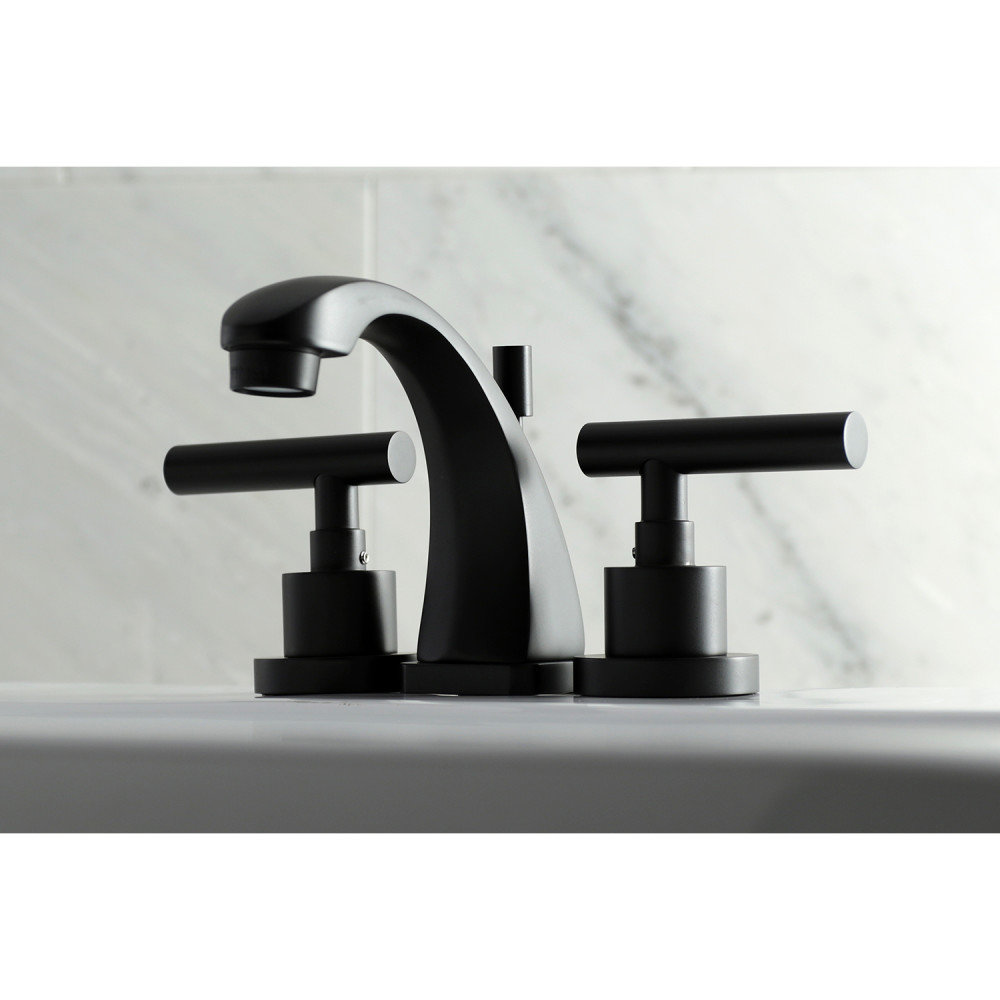 Kingston Brass Manhattan Two-Handle 3-Hole Deck Mount Widespread Bathroom Faucet with Brass Pop-Up Drain, Matte Black