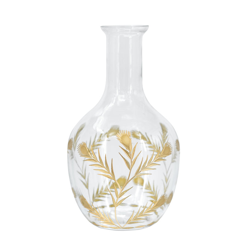 Vase incurvé en verre avec cou allongé et motifs floraux dorés - transparent / doré, H 11,4 po x l 6,7 po x P 6,7 po