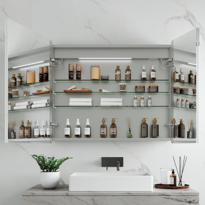 Armoire à pharmacie encastrée ou à fixation en surface à deux portes avec miroir et tablettes réglables