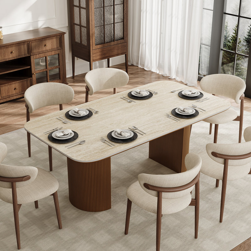 71'' Modern Rectangle Dining Table, Beige Sintered Stone and Wood Tabletop, High Quality Wood Double Fluted Pedestal