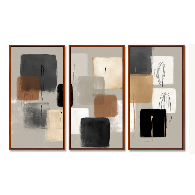 Formes noires avec mélange abstrait de minimalisme gris - ensemble d'art mural minimalisme, H 32 po x l 48 po, Brun