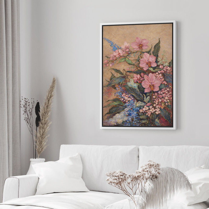 «Orchid Botanical Garden Flower Arrangement Decor», reproduction d'art encadrée sur toile de la chambre principale, Blanc