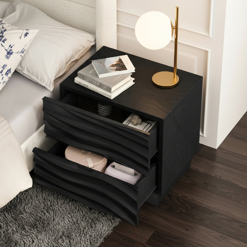 Table de chevet sans poignées, table de bout sans canapé pour salon et chambre à coucher Renley en bois massif avec 2 tiroirs, disponible en 2 couleurs