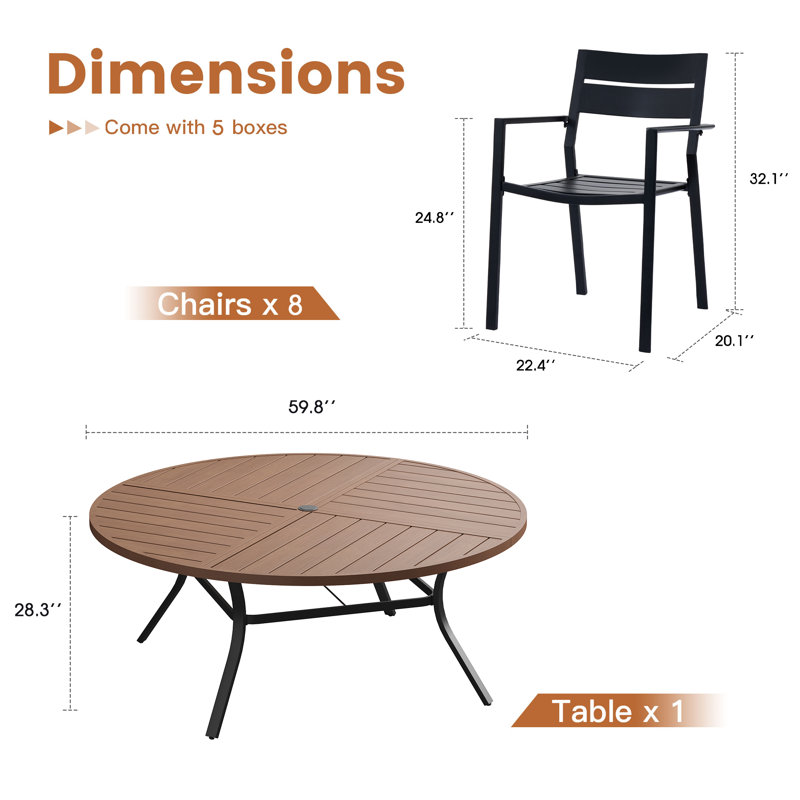 Ensemble de salle à manger de patio 60 po avec table en métal et 8 chaises avec accoudoirs, Brun bois brossé / noir / noir