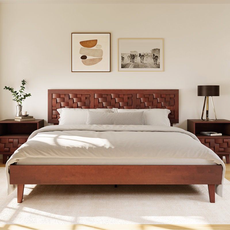 Solid Rubber Wood Dark Walnut Bedframe No Box Spring Needed,800lbs Capacity, Dark Walnut, King