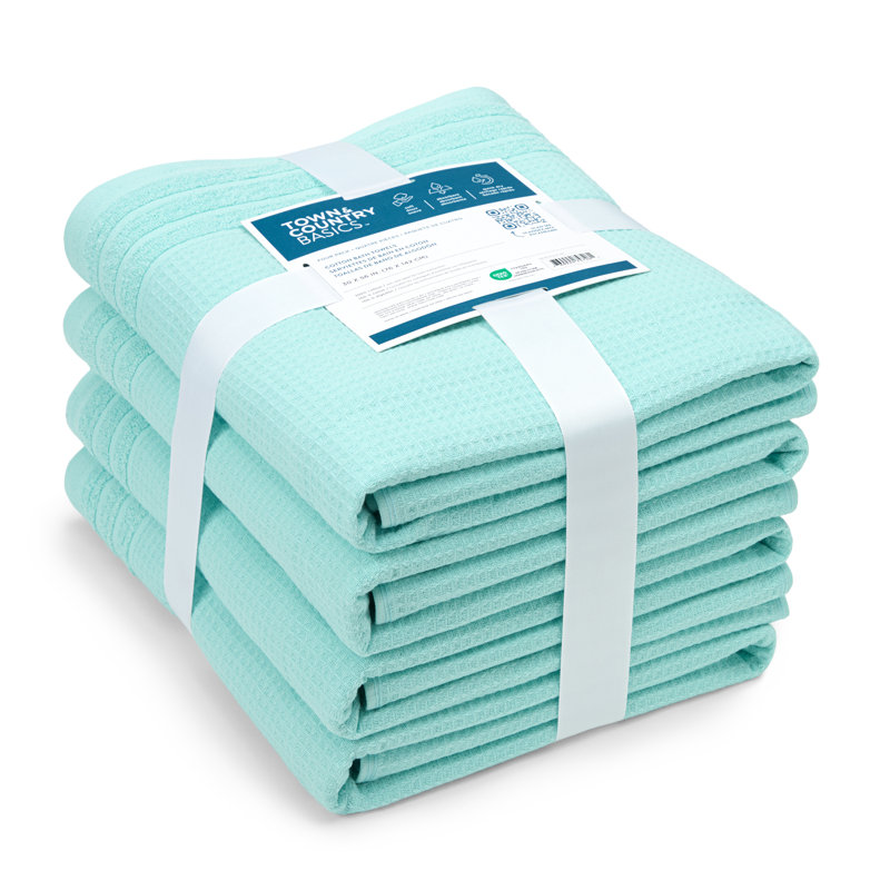 TOWN & COUNTRY BASICS 4-Piece Waffle Woven Terry Stripe Bath Towel Set, 30x56-Inch, 100% Cotton, Quick Dry, Mint Blue