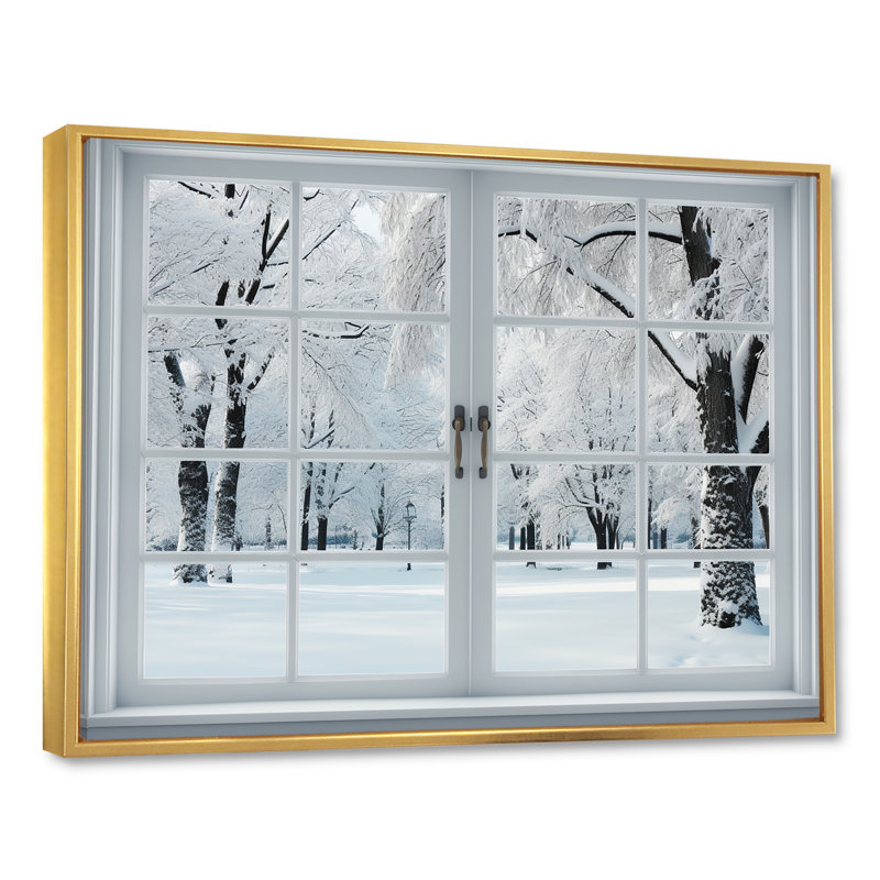Winter Forest Window Views I - Winter Landscape, reproduction d'art sur toile encadrée, Cadre flottant doré