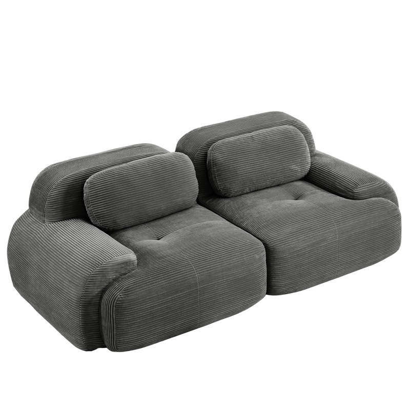 Velours côtelé gris de 82 po avec séparation, courbé, à conception coulissante, pour installation audiovisuelle modulaire, structure, coussins à haute résilience, ambiance