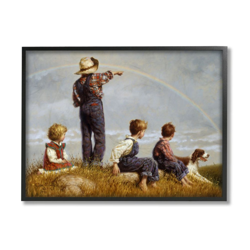 «Children in Meadow under Rainbow with Dog» par Jim Daly - reproduction d'art, H 20 po x l 16 po, Giclée encadrée noir minuit