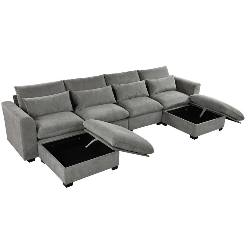6 Piece U-Shaped Sectional Sofa Set With Movable Stotrage Ottoman, Oversized 132" Modular Linen Upholstered Cloud Couch