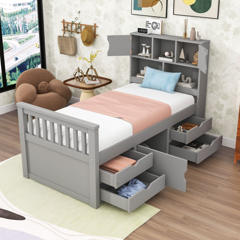 Lit simple en bois avec tête de lit bibliothèque et tiroirs de rangement intégrés, tablettes, Gris