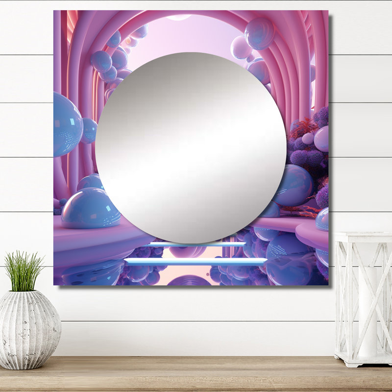Pink And Blue Spheres Futuristic Cosmic Universe - Abstract Square Mirror For Wall Art Decor, 29" x 29"