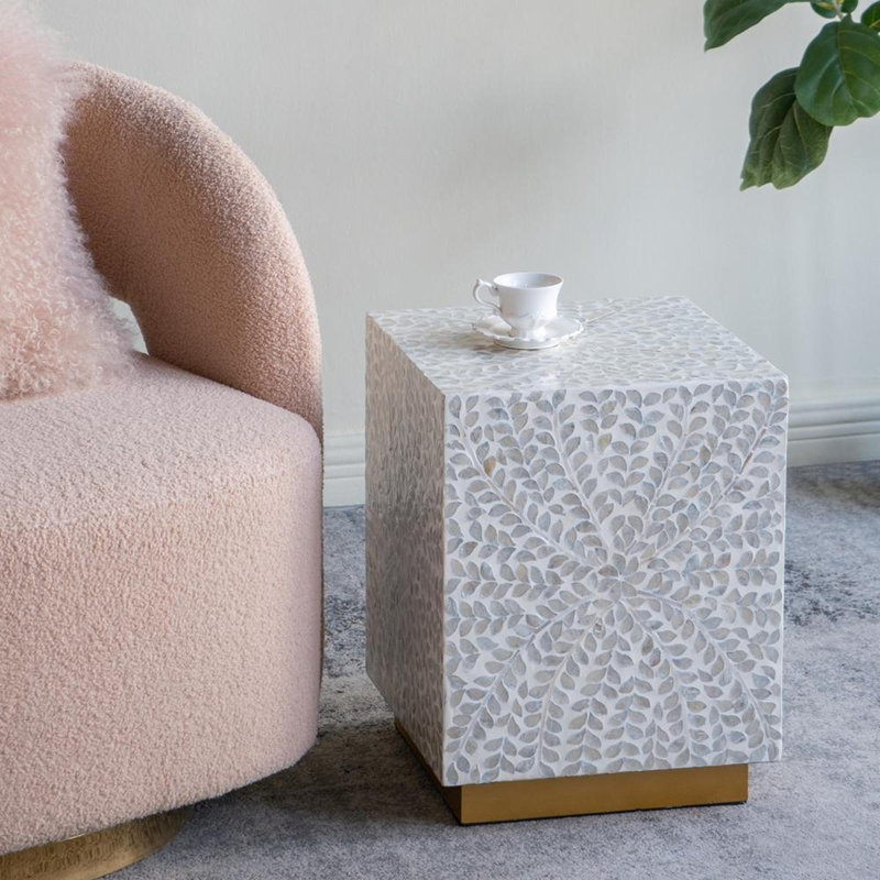 14x14x18" Square Accent Stool with White Capiz Shell Finish and Gold Pedestal Base