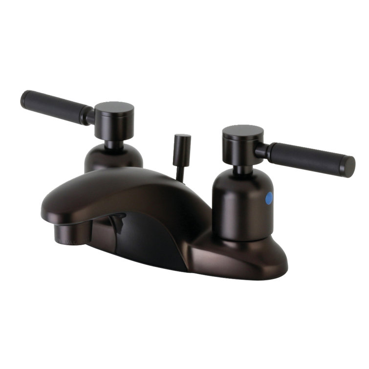 Kingston Brass Kaiser Two-Handle 3-Hole Deck Mount 4" Centerset Bathroom Faucet with Plastic Pop-Up