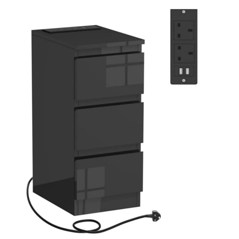 35 cm W Bedside Table, High gloss black 3 drawers
