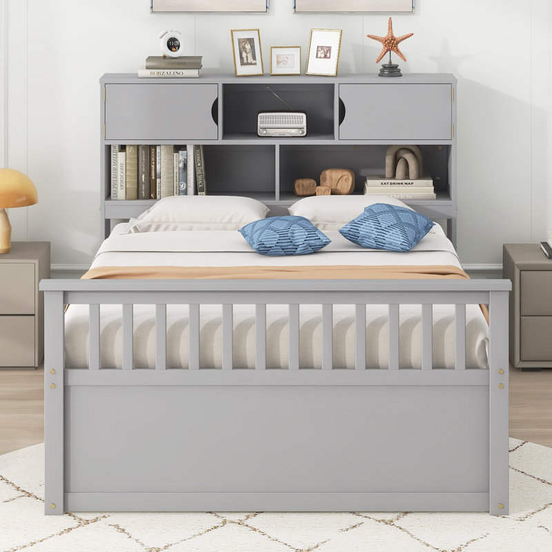 Lit avec tablettes, armoires et tiroirs, Gris, Full / Double