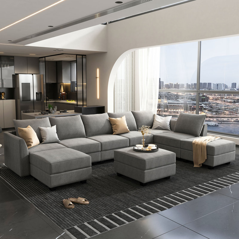 Canapé modulaire en U avec méridienne Tremee, Polyester gris