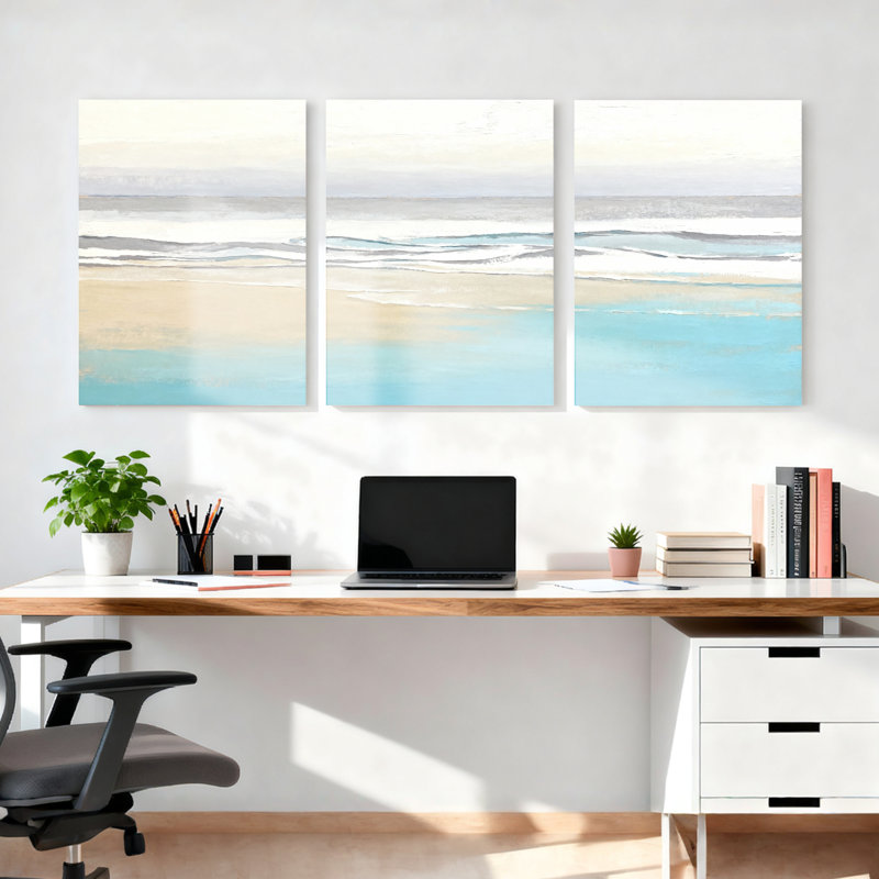 Ensemble de 3 toiles murales représentant une scène de plage et de vagues océaniques, H 36 po x l 72 po
