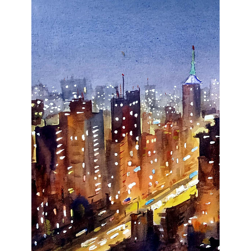 Horizon nocturne de la ville | Aquarelle sur papier | Par Samiran Sarkar