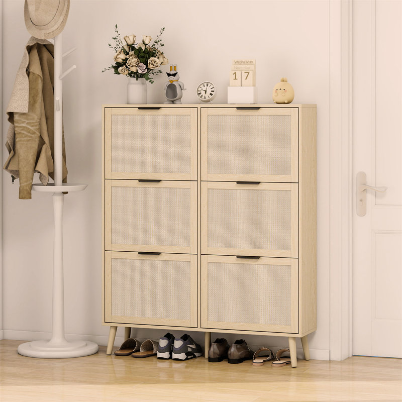 Étagère à chaussures élégante en rotin à 6 portes, armoire de rangement autoportante moderne avec dispositif anti-déversement, sécurité accrue