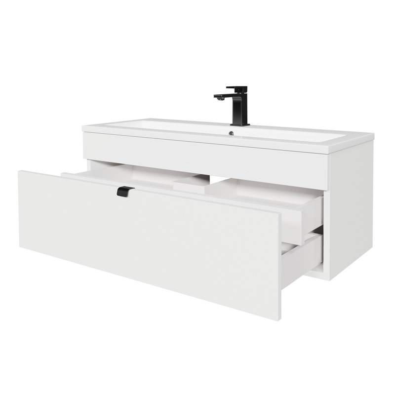 Loft Collection 42" Wall Mount Modern Bathroom Vanity - White / Black Handles, 42", White / Black