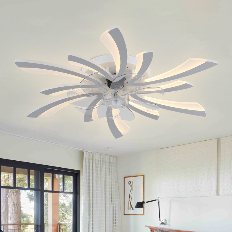 Ventilateur de plafond encastré moderne en forme de fleur avec lumière et télécommande, profil bas 31 po Alfrid pour salon de chambre à coucher