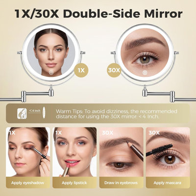 Wall Mounted Makeup Mirror With Light, 8 Inch 1X/30X Magnifying Mirror, Rechargeable 4000Mah, Double Sided, Extendable Arm, 360° Swivel Bathroom Mirror