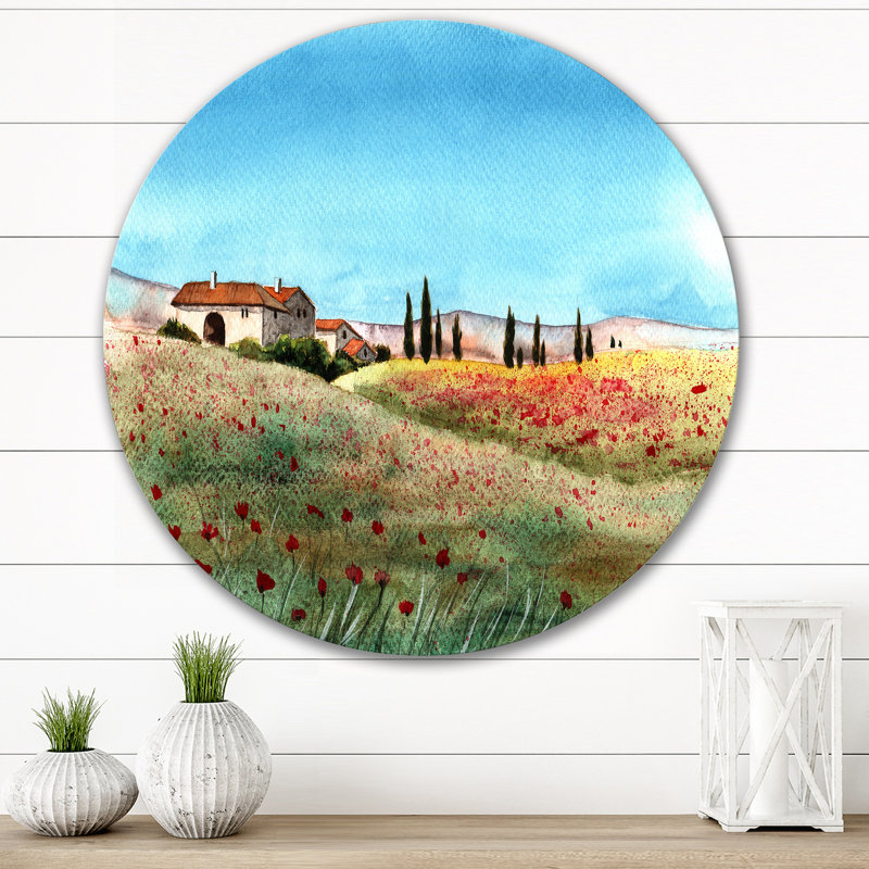 «A Tuscany Landscape With Distant Villa», art mural circulaire en métal champêtre, H 23 po x l 23 po