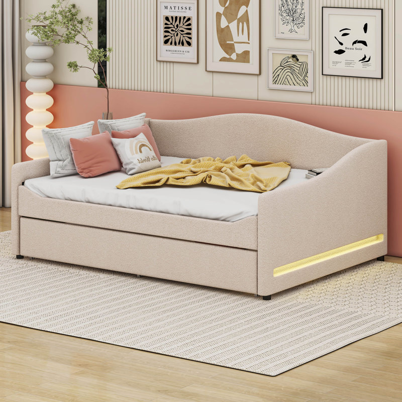 Teddy Fleece Full Size Daybed with Light And Trundle, Beige