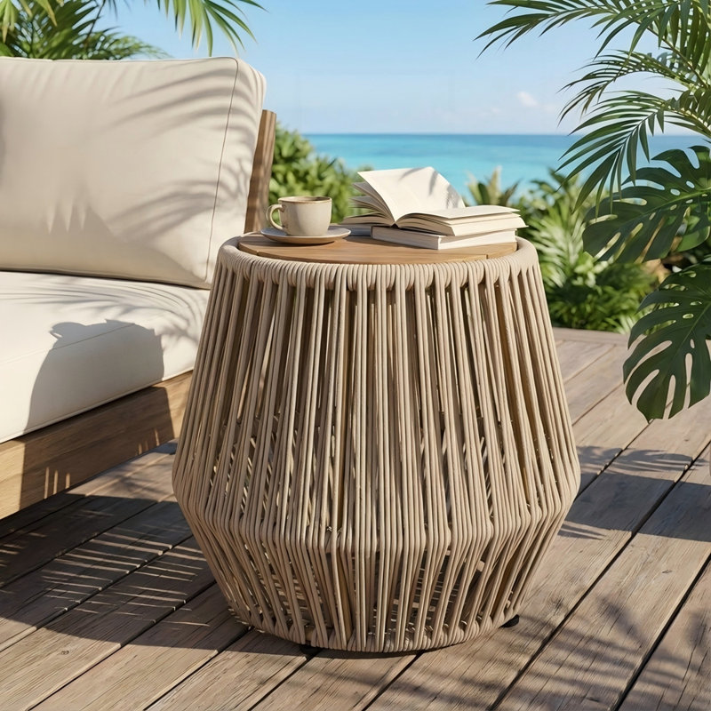 Acacia Wood Side Table with Rope Base, gray