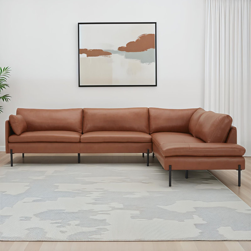 Ambere Upholstered L-Shaped Sectional, Right Hand Facing, Cognac Genuine Leather