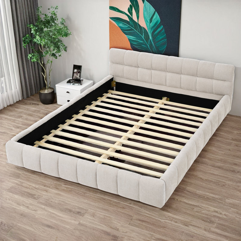 Structure de lit plateforme tapissier en tissu chenille épais avec tête de lit et structure solide et solide., Beige