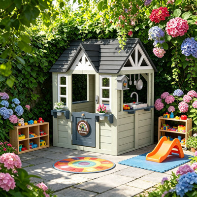 Wooden Kids Playhouse With Kitchen Set, Cedar Outdoor Playhouse With Sink, Stove, Doorbell & Mud Toys, Backyard Playhouse For Toddlers & Children
