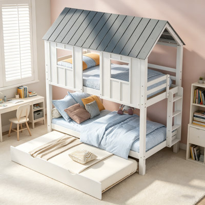Lit simple superposé simple avec lit gigogne, toit et fenêtres pour un sommeil amusant et sécuritaire, blanc et gris