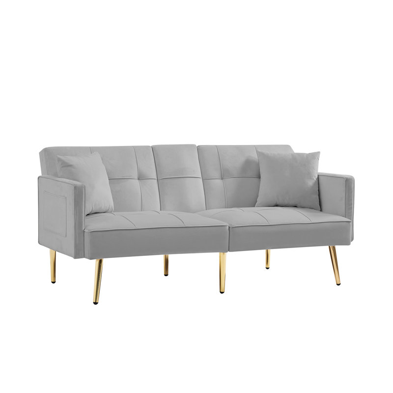 Grey Velvet Futon With Gold Metal Legs - 3 Adjustable Levels, Sumptuous Upholstery, Wood Base, , 2 Seater, Side Pockets And Cup Holders For Utility Bed Legs, Settings Your Comfort Convenience,