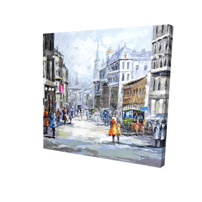 Busy Street Blue Building Canvas | Cloudy Day Home Decor