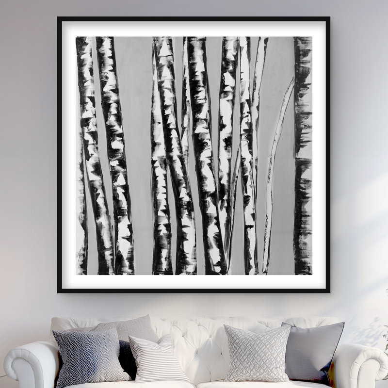 Birches Intersecting - Reproduction matte encadrée pour la décoration intérieure, H 48 po x l 48 po, Noir