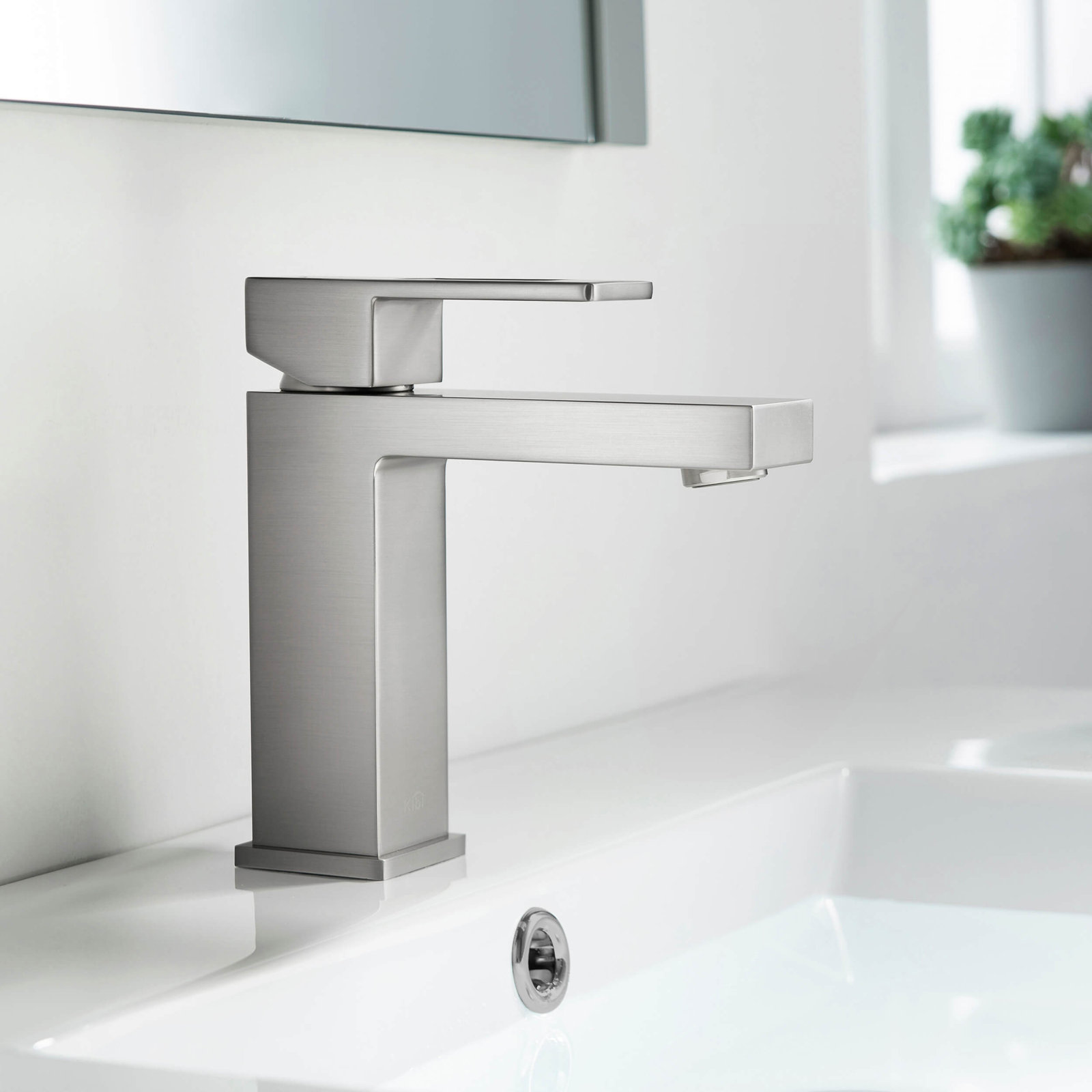 Cube Single-Hole Bathroom Faucet, Brushed Nickel, Drain Assembly Included