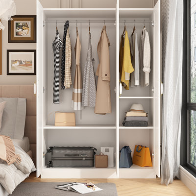 47.2" Wide 3-Door Wardrobe With Dual Aluminum Rods – White Matte Finish, Inset Panels & Ceramic Handles