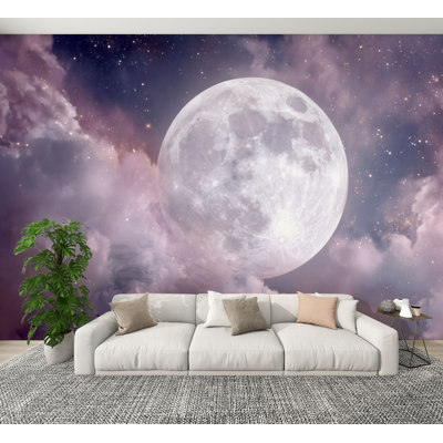 Moon Peel and Stick Wallpaper Aesthetic Celestial Moon Night Sky Full Moon Starry Sky Fluffy Clouds Wall Murals 100"H x 144"W Removable PVC Wall Paper Self-Adhesive Wall Decor for Bedroom Living Room Home Office