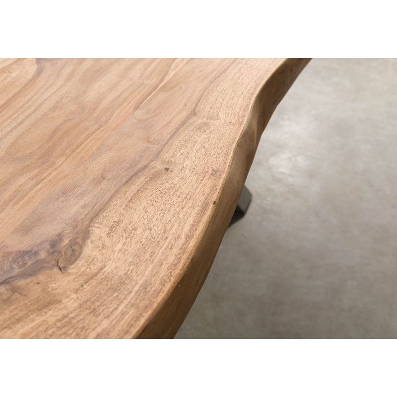 Solid Wood Top Metal Base Dining Table, 77 cm H x 180 cm L x 90 cm D, Nature, Silver