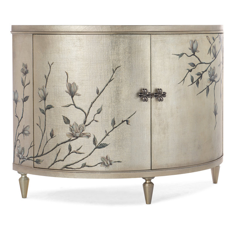 Marguerite Demilune Chest in Champagne Linen with Silver Floral Knobs