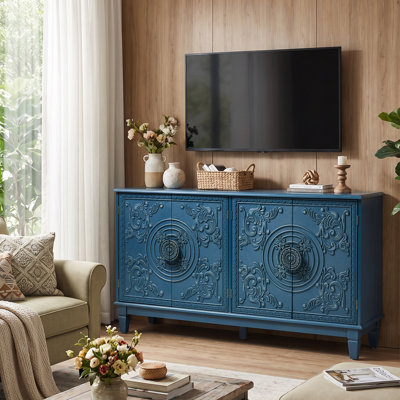 56.1" Wide Sideboard with Adjustable Shelves，4-Door Solid Wood Storage Cabinet for Dining Room and Living Room