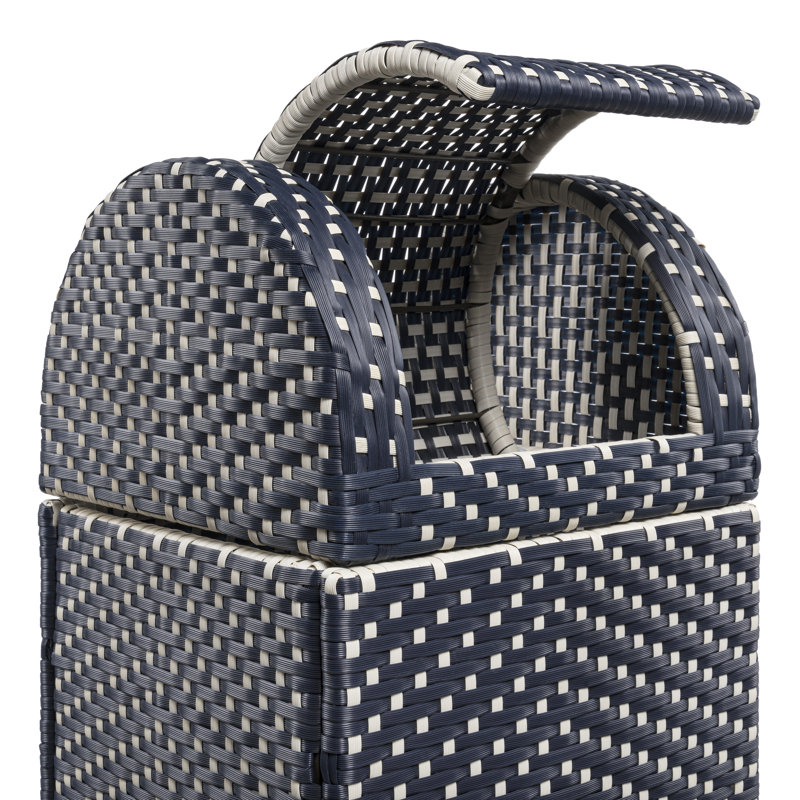 Darla All-Weather Wicker/Metal Swing Top Hideaway Outdoor Trash Can, Navy/White, 31.39 Gal