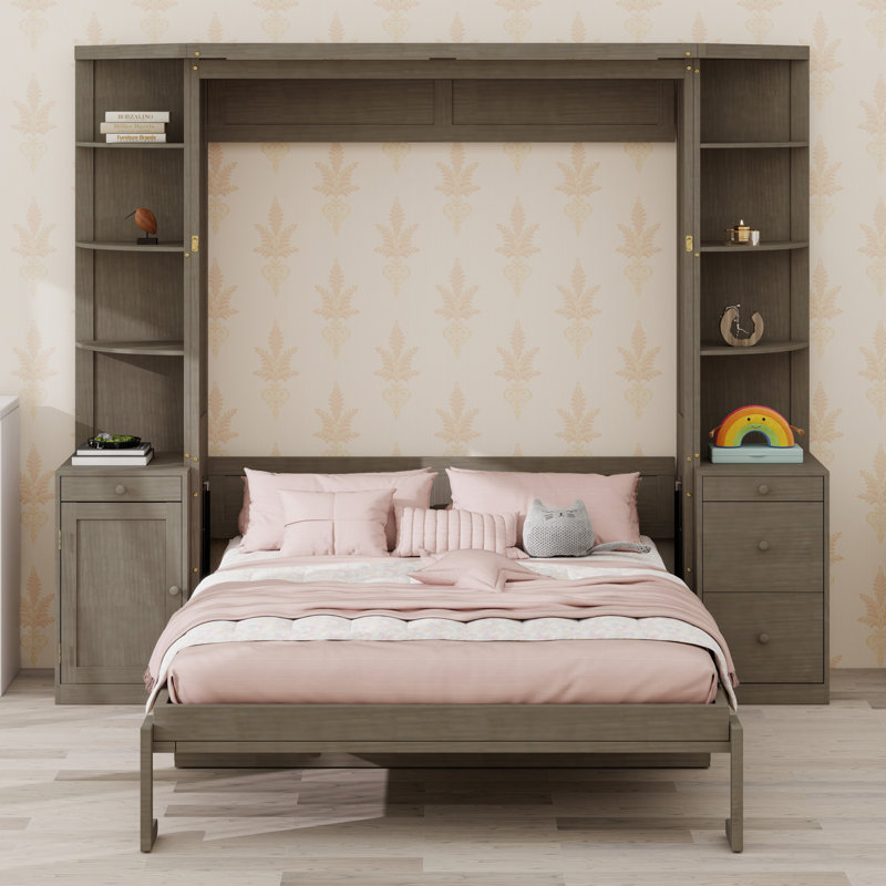 Lit escamotable avec bureau, tablettes de rangement et armoires pour économiser de l'espace, Gris patiné
