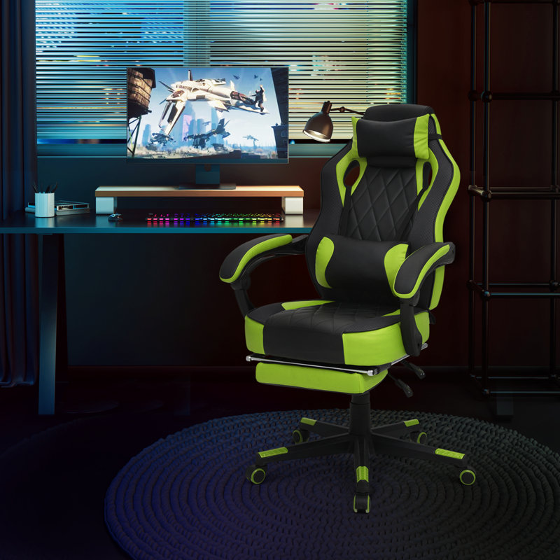 Chaise d'ordinateur inclinable avec repose-pieds et support lombaire amovible pivotant à 360 degrés, Vert